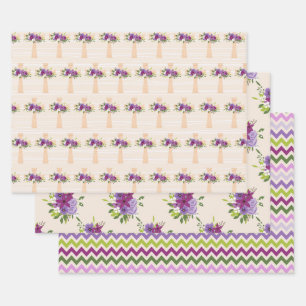 PURPLE & LAVENDER EASTER CROSSES WATERCOLOR FLOWER WRAPPING PAPER SHEETS