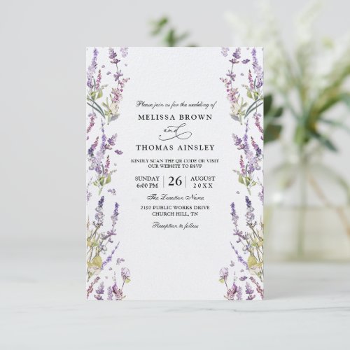 Purple Lavender Elegant Budget QR Code Wedding Invitation