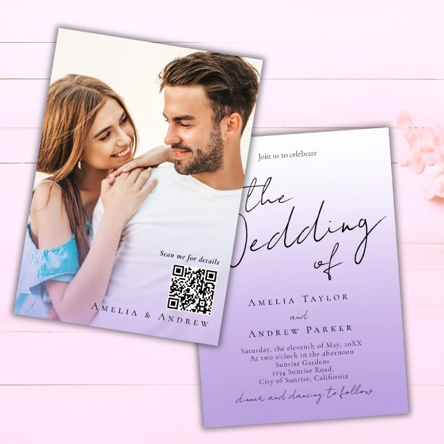 Purple Lavender Elegant Photo QR Code Wedding Invitation (Creator Uploaded)