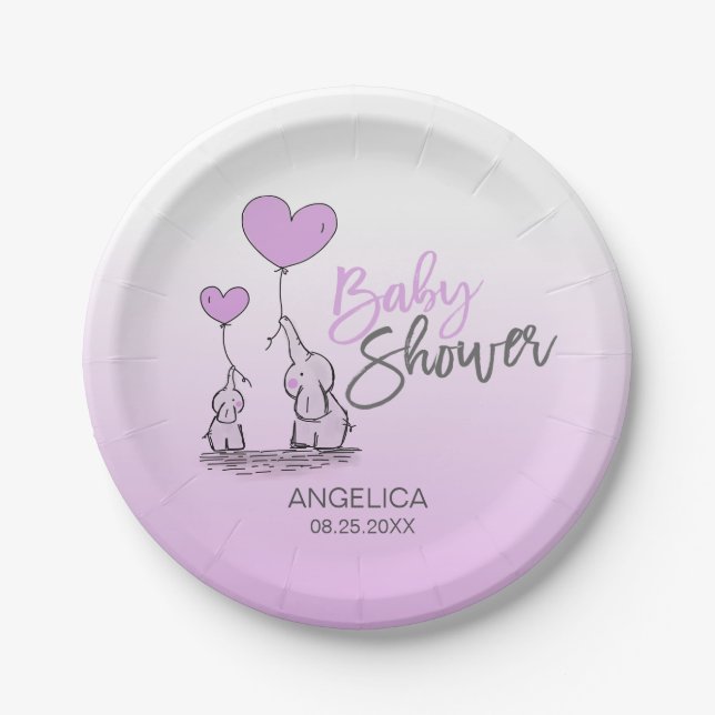 Purple Lavender Elephant Gender Baby Shower Paper Plates (Front)