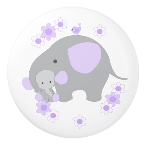 Purple Lavender Elephant Girl Baby Nursery Floral Ceramic Knob