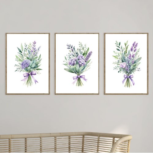 Purple Lavender Eucalyptus Wildflower Floral Print Wall Art Sets