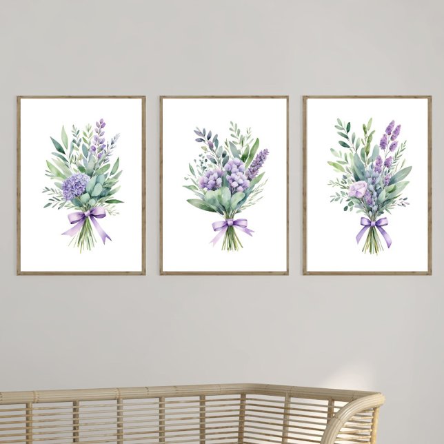 Purple Lavender Eucalyptus Wildflower Floral Print Wall Art Sets (Lavender Pastel Purple Flowers Wall Art Set of three prints posters. Framed or unframed)