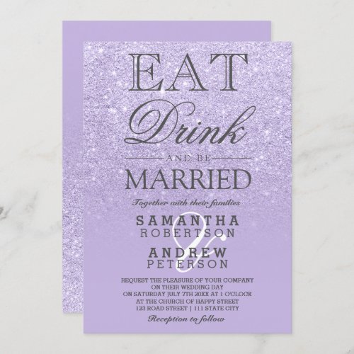 Purple lavender faux glitter ombre script wedding invitation