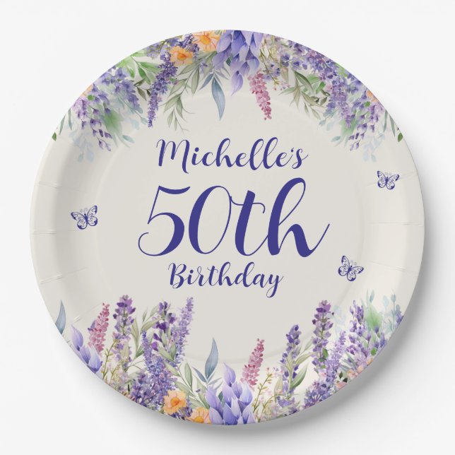 Purple Lavender Floral 50th Birthday Paper Plates (Front)