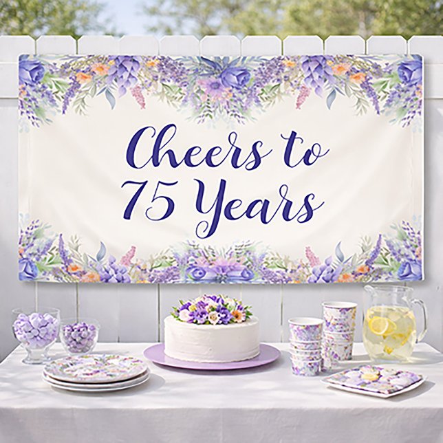 Purple Lavender Floral 75th Birthday Banner (Cheers to 75 years!)