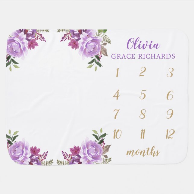 Purple lavender floral baby girl milestone blanket (Horizontal)