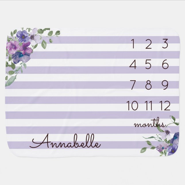 Purple Lavender Floral Baby Girl Monthly Milestone Baby Blanket (Horizontal)