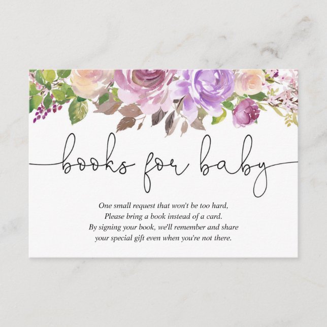 Purple lavender floral baby shower book request enclosure card (Front)