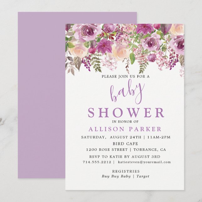 Purple Lavender Floral Baby Shower Invitation (Front/Back)