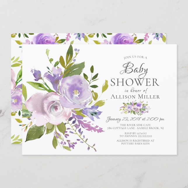 Purple Lavender Floral BABY Shower Invitations (Front/Back)