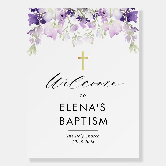 purple lavender floral baptism welcome sign (Front)