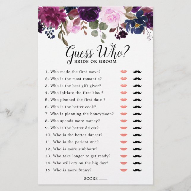 Purple Lavender Floral Boho Bridal Shower Game (Front)
