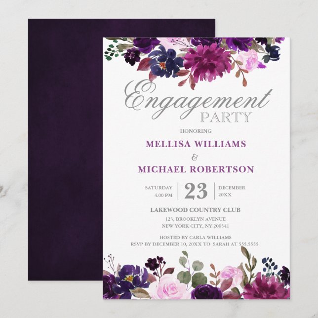 Purple Lavender Floral Boho Engagement party Invitation (Front/Back)