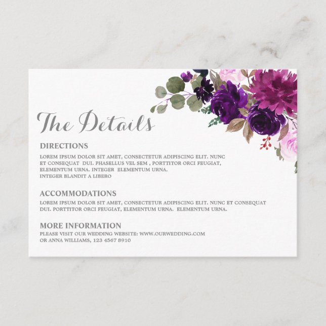 Purple Lavender Floral Boho Wedding Details card (Front)