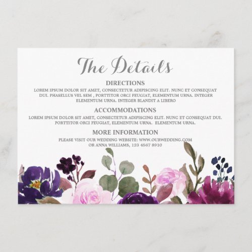 Purple Lavender Floral Boho Wedding Details card