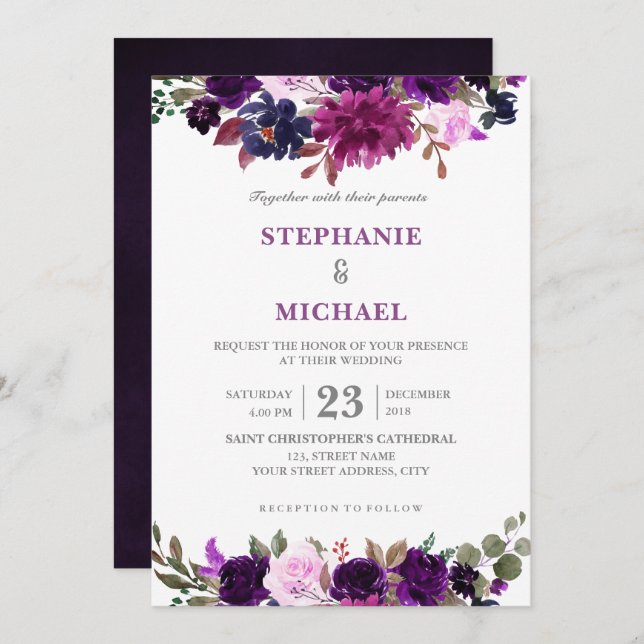 Purple Lavender Floral Boho Wedding Invitation (Front/Back)