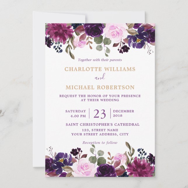 Purple Lavender Floral Boho Wedding Invitation (Front)