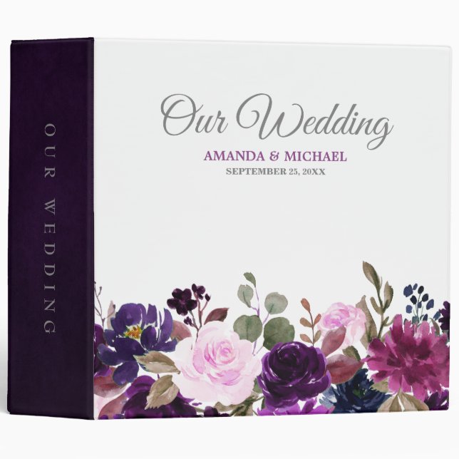 Purple Lavender Floral Boho Wedding Photo album 3 Ring Binder (Front/Spine)