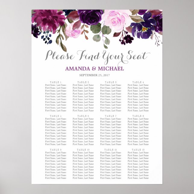 Purple Lavender Floral Boho Wedding Seating Chart (Front)