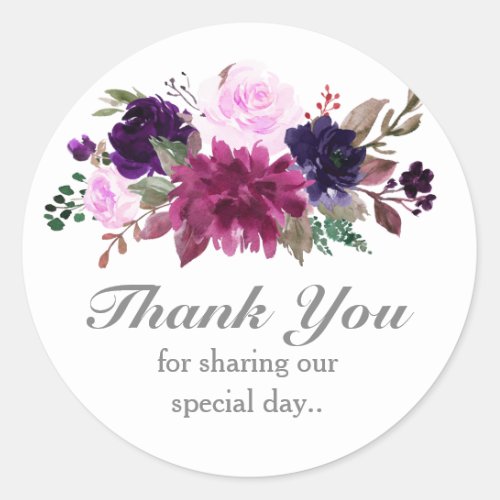 Purple Lavender Floral Boho Wedding thank you Classic Round Sticker