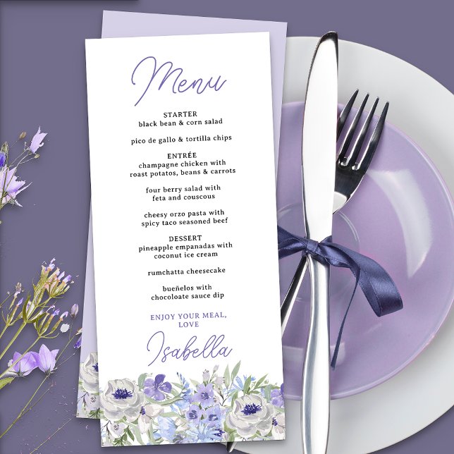 Purple Lavender Floral Border Dinner Menu (Menu with editable courses and food items, from the purple peri floral collection)
