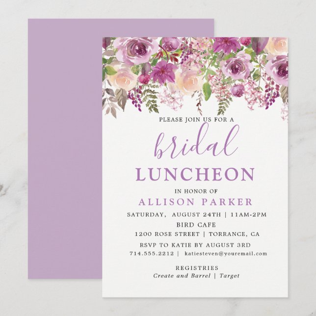Purple Lavender Floral Bridal Luncheon Invitation (Front/Back)