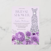 Purple Lavender Floral Bridal Shower Silver Gown Foil Invitation (Standing Front)