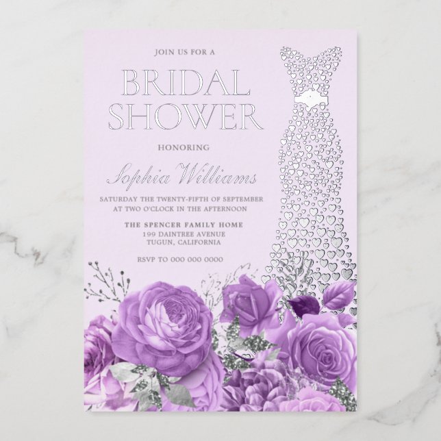 Purple Lavender Floral Bridal Shower Silver Gown Foil Invitation (Front)