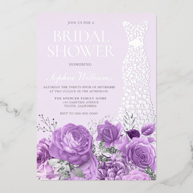 Purple Lavender Floral Bridal Shower Silver Gown Foil Invitation (Front)