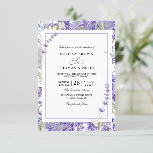 Purple Lavender Floral Budget Qr Code Wedding Invitation