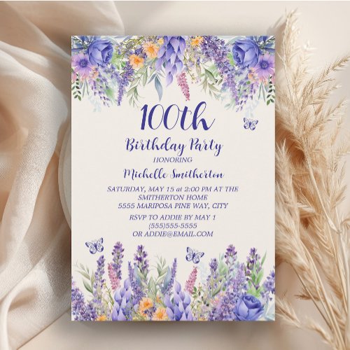 Purple Lavender Floral Butterflies 100th Birthday Invitation