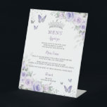 Purple Lavender Floral Butterflies Birthday Menu  Pedestal Sign<br><div class="desc">Personalize these pretty floral menu sign easily and quickly. Simply click the customize it further button to edit the texts, change fonts and fonts colors. Featuring pretty pastel lavender purple flowers, delicate greenery and purple and silver butterflies. Great for Quinceañera, Sweet 16, 18th birthday, debutante ball, bridal shower, birthday and...</div>