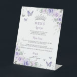 Purple Lavender Floral Butterflies Birthday Menu  Pedestal Sign<br><div class="desc">Personalize these pretty floral menu sign easily and quickly. Simply click the customize it further button to edit the texts, change fonts and fonts colors. Featuring pretty pastel lavender purple flowers, delicate greenery and purple and silver butterflies. Great for Quinceañera, Sweet 16, 18th birthday, debutante ball, bridal shower, birthday and...</div>