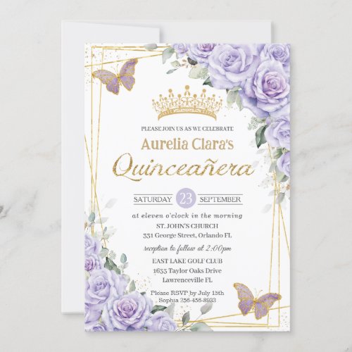 Purple Lavender Floral Butterfly Gold Quinceanera Invitation