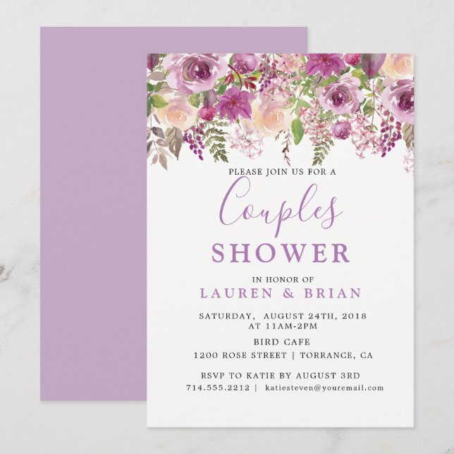 Purple Lavender Floral Co-ed Couples Shower Invitation (Front/Back)