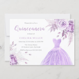 Purple Lavender Floral & Dress Quinceanera Party Invitation