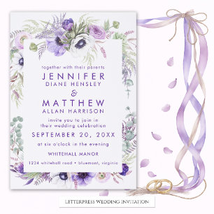 Purple Lavender Floral Frame Wedding  Letterpress Photo Cards