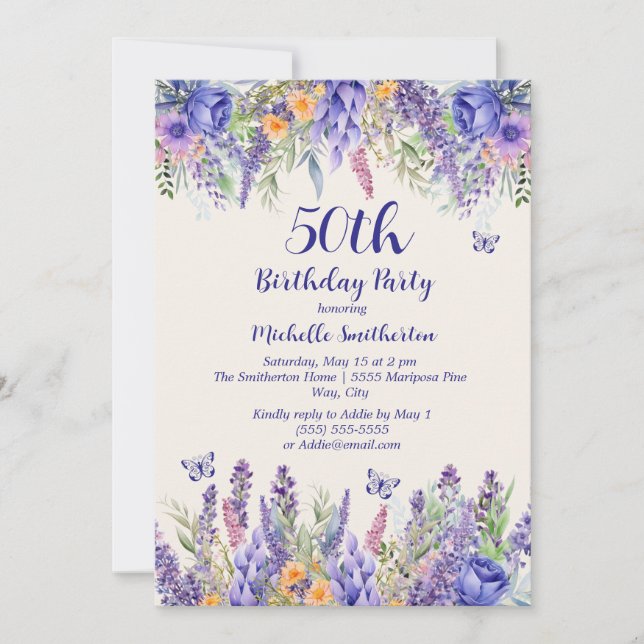 Purple Lavender Floral Garden Party 50th Birthday Invitation (Front)