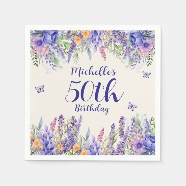 Purple Lavender Floral Garden Party 50th Birthday Napkins (Front)