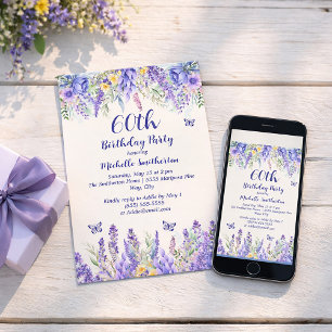 Purple Lavender Floral Garden Party 60th Birthday Invitation