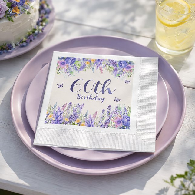 Purple Lavender Floral Garden Party 60th Birthday Napkins (Host a 60th birthday garden party)