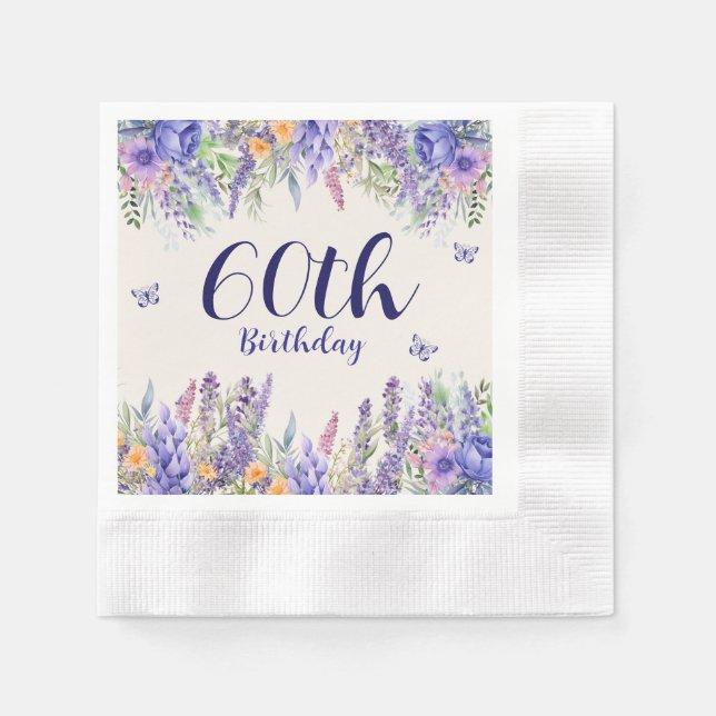Purple Lavender Floral Garden Party 60th Birthday Napkins (Front)