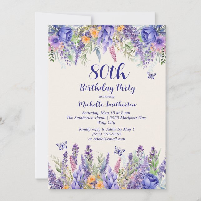 Purple Lavender Floral Garden Party 80th Birthday Invitation (Front)