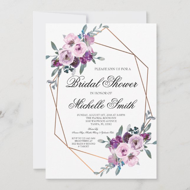 Purple Lavender Floral Geometric Bridal Shower Invitation (Front)