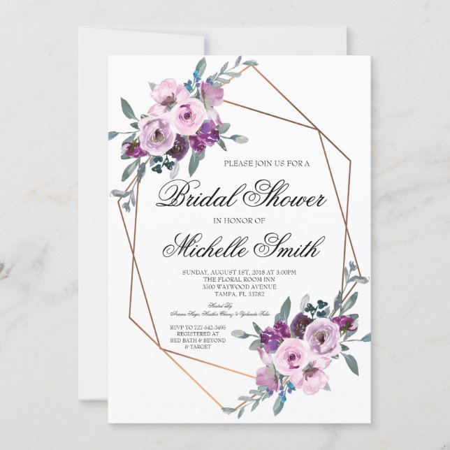 Purple Lavender Floral Geometric Bridal Shower Invitation (Front)