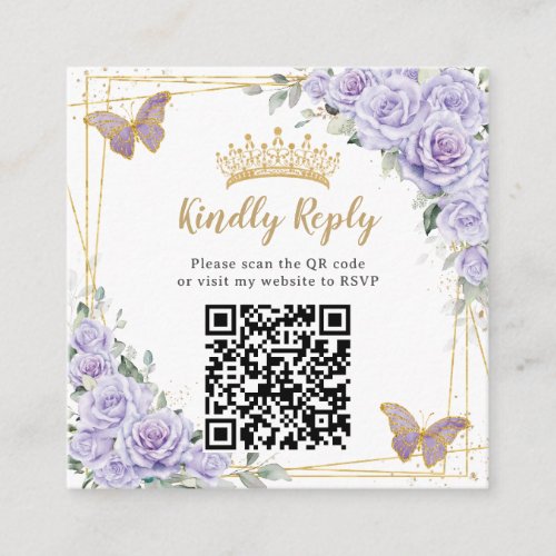 Purple Lavender Floral Gold Quinceaera QR Code Enclosure Card