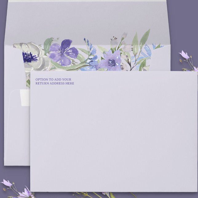 Purple Lavender Floral Invitation Envelope (Lavender lilac invitation envelopes with return address and purple floral interior)