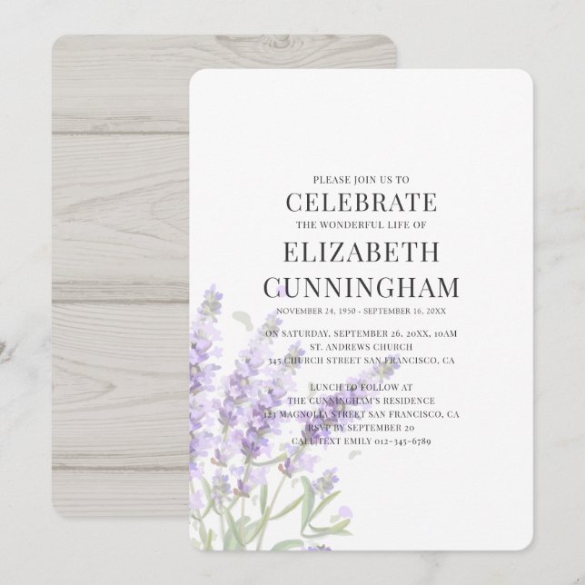 Purple Lavender Floral Memorial Invitation (Front/Back)