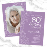 Purple Lavender Floral Photo 80th Birthday Party Invitation<br><div class="desc">Purple lavender floral 80th Birthday party invitation with your photo at the back of the card. Elegant modern design featuring botanical outline drawings accents and typography script font. Simple trendy invite card perfect for a stylish female bday celebration. Can be customized to any age. Printed Zazzle invitations or instant download...</div>